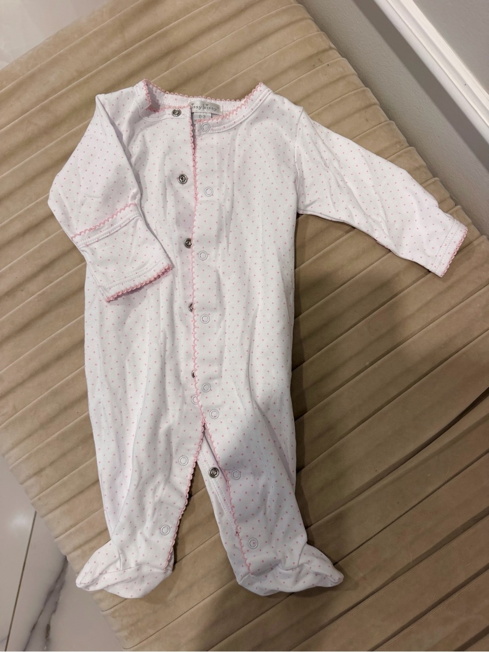 Kissy Kissy Pima Cotton Footie โ White w/ Pink Dots โ 0-3M